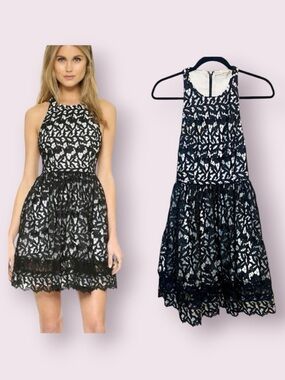 Alice + Olivia Mariel Racerback Sleeveless Cocktail Dress Black Lace Size 2